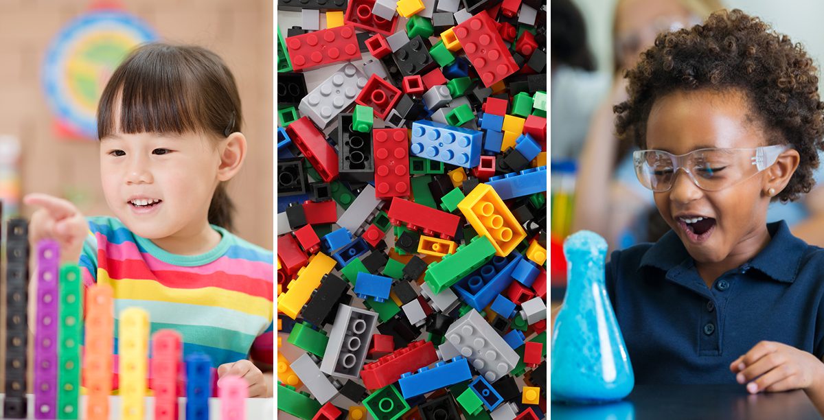 trifold image of children playing with blocks, legos, and watching a science experiment