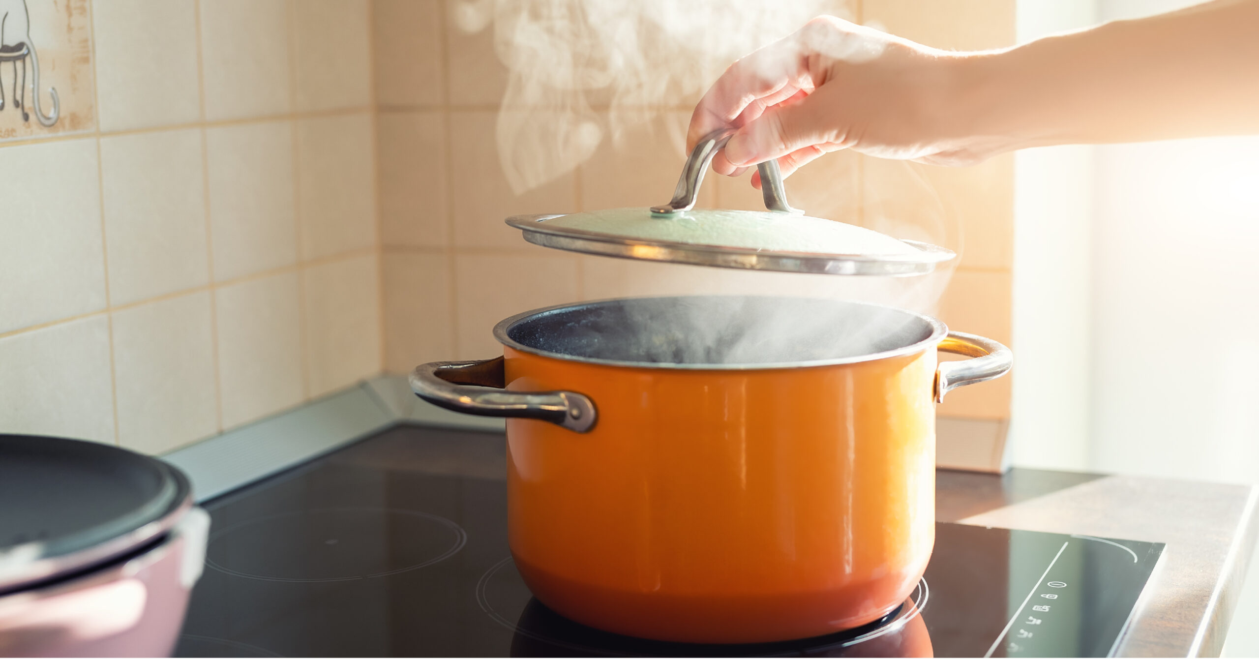 Steam coming out of pot on stove with lid lifted