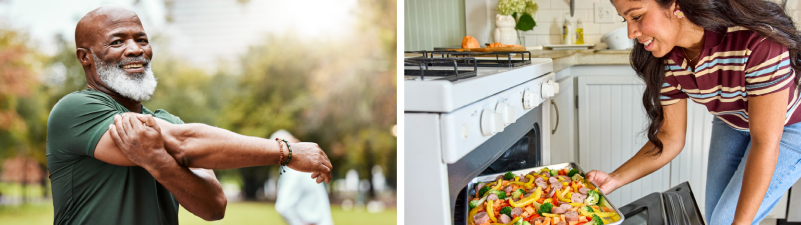 Man stretching arms outside in park, women placing vegetables into oven to roast