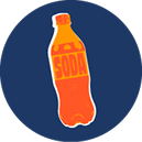 Illustrated soda bottle on a navy circle background