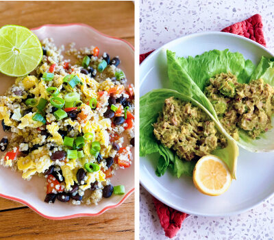 A grid of six overhead food photos featuring a variety of balanced meals including an avocado toast with a fried egg, a sheet pan of seasoned chicken strips with peppers, a grain bowl with black beans and lime, roasted chicken with vegetables and potatoes, a chicken and vegetable stir-fry over rice, and tuna lettuce wraps with avocado and lemon.