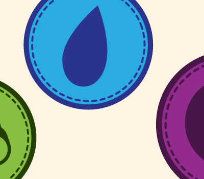 Five colorful merit-style badges on a cream background, each featuring a different icon — a chef hat on orange, a water droplet on blue, a camera on yellow, binoculars on green, and a crescent moon with stars on purple.