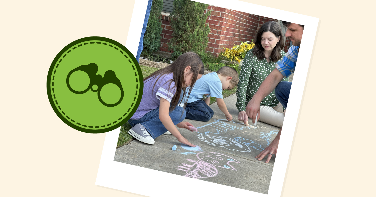 A polaroid-style photo of two children and their parents drawing with sidewalk chalk on the driveway, displayed next to a green binoculars merit badge.