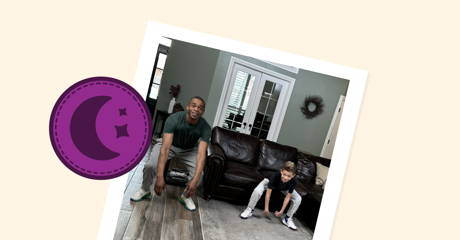 A polaroid-style photo of a father and young son both crouched in athletic stances in their living room, displayed next to a purple crescent moon merit badge.