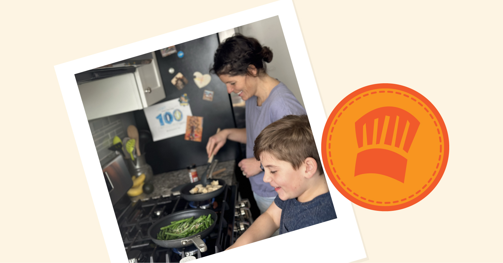 A polaroid-style photo of a mother and son cooking together at the stove, sautéing green beans and mushrooms, displayed next to an orange chef hat merit badge.