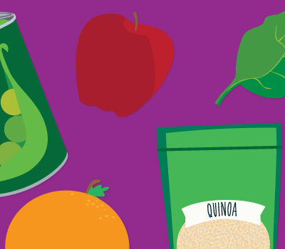 A wide banner illustration of high-fiber foods on a purple background, featuring avocado, canned green peas, an apple, spinach, whole wheat bread, oatmeal, a lemon, an orange, quinoa, a carrot, and an almond.