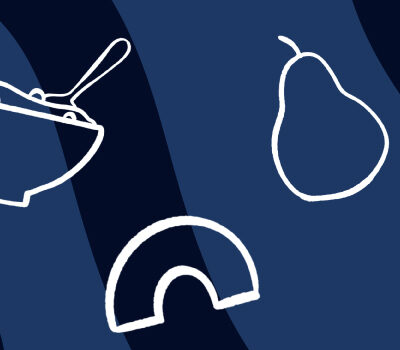 A young girl sipping a pink smoothie through a straw next to white outline illustrations of high-fiber foods including oatmeal, a pear, a slice of bread, a banana, and an apple, on a navy blue background.