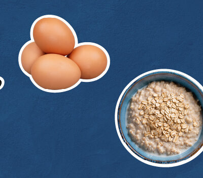 Cutout photos of a sleep mask, water bottle, eggs, oatmeal, a crate of produce and a running shoe on a navy background.