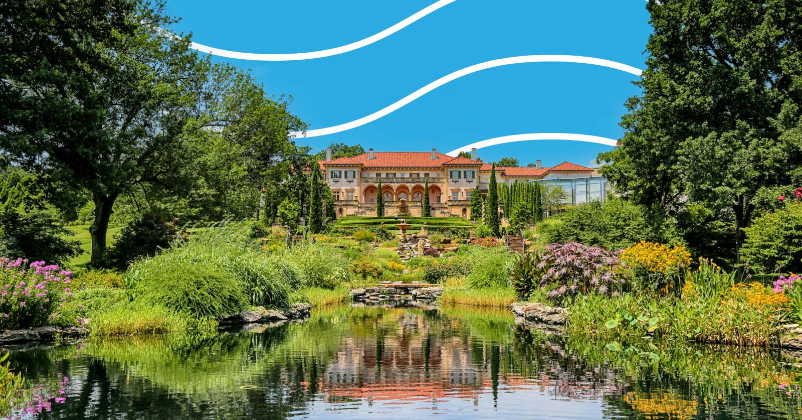 Philbrook Museum of Art in Tulsa: an Italian-style villa with a red tile roof set above terraced gardens and a pond with flowers, on a blue background with white wavy lines.