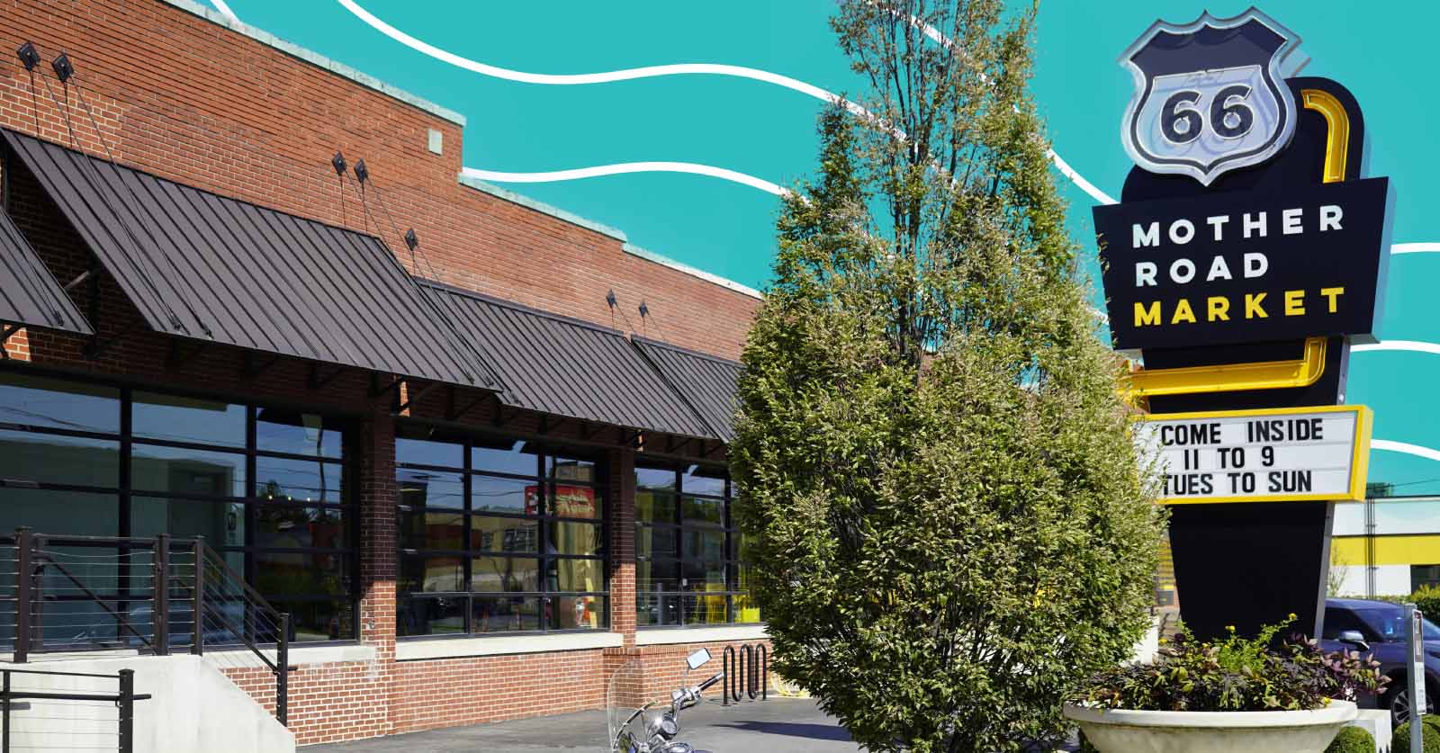 Mother Road Market in Tulsa: a red brick building with dark metal awnings and large windows beside a tall Route 66 sign, on a teal background with white wavy lines.