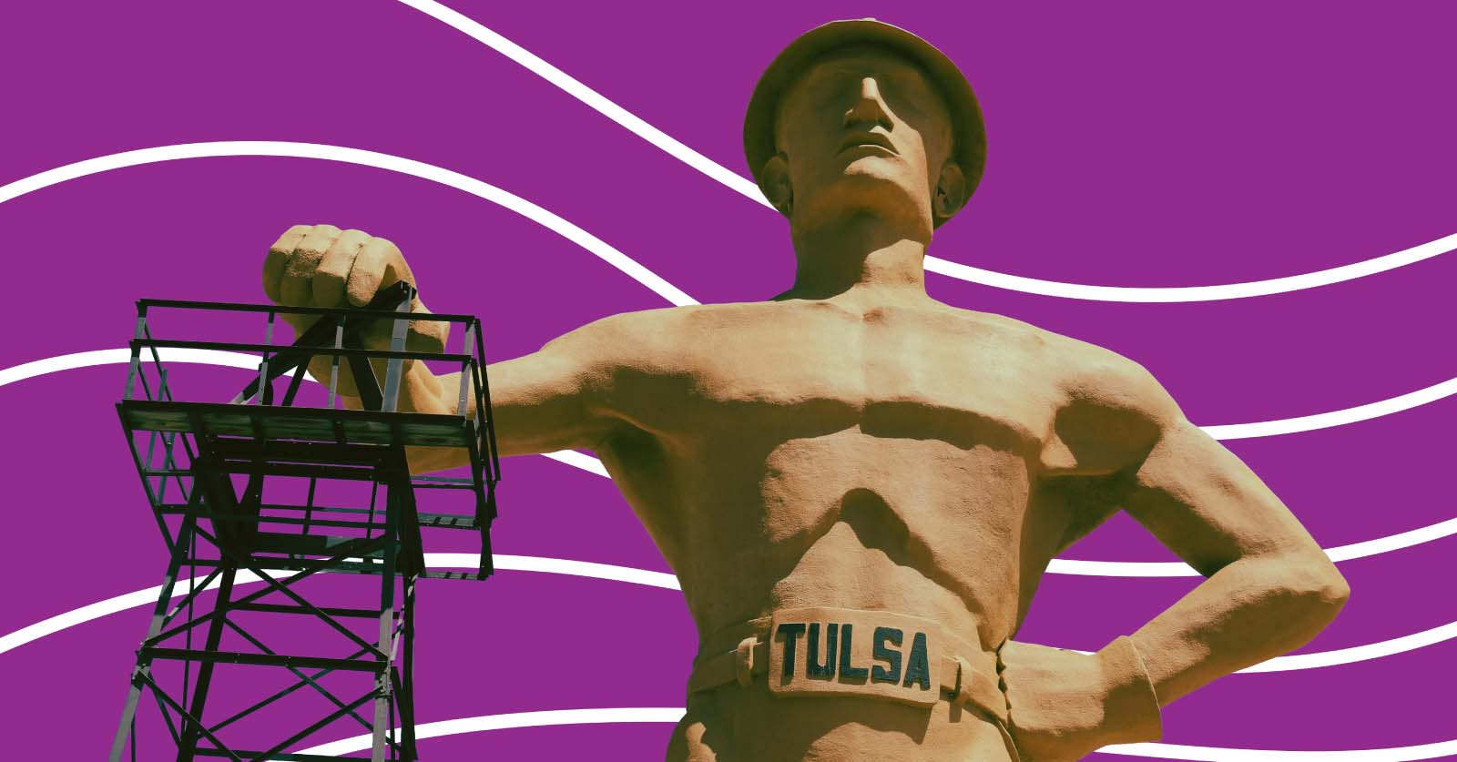 Tulsa's Golden Driller statue, a giant oil worker in a hard hat with one hand resting on an oil derrick and "TULSA" on his belt buckle, on a purple background with white wavy lines.