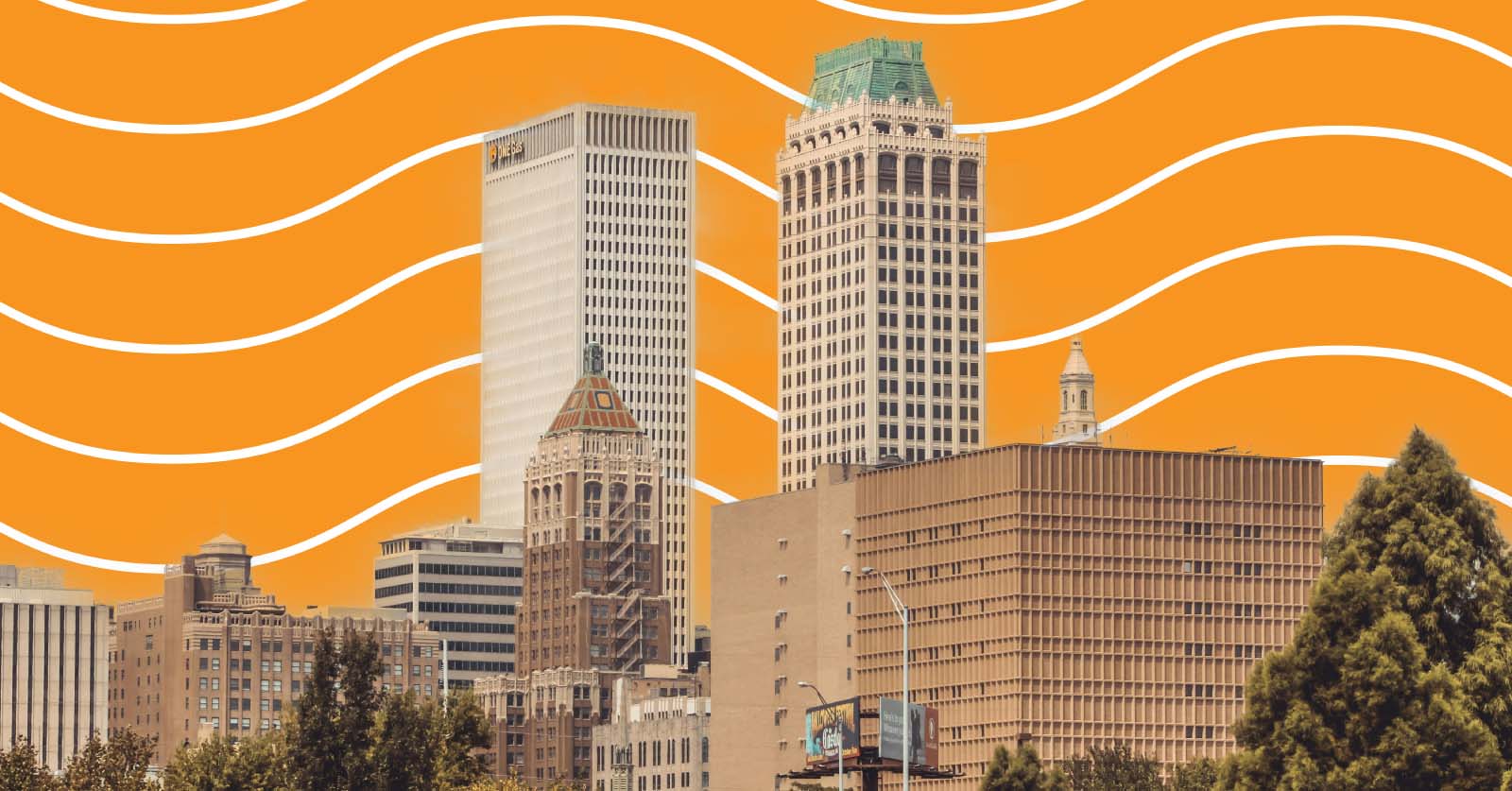 Downtown Tulsa skyline on an orange background with white wavy lines.