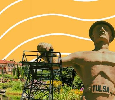 Collage of Tulsa landmarks, including the Golden Driller, Mother Road Market and downtown skyline.